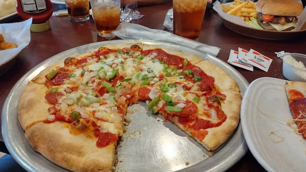 Medium Pepperoni Onion & Green Pepper Pizza Big Boy Burger and Fries